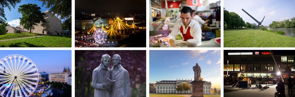 Das Bild zeigt eine Collage aus acht Kassel-Bildern mit unterschiedlichen Highlights ider Kasseler Innenstadt im Jahresverlauf.